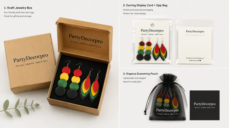 Packaging display options for colorful wooden earrings featuring multiple retail-ready box, card and pouch packaging solutions