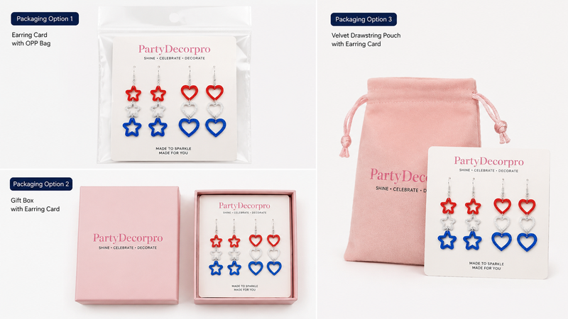 Custom earring packaging options including OPP bag, gift box, and velvet pouch for retail and wholesale display