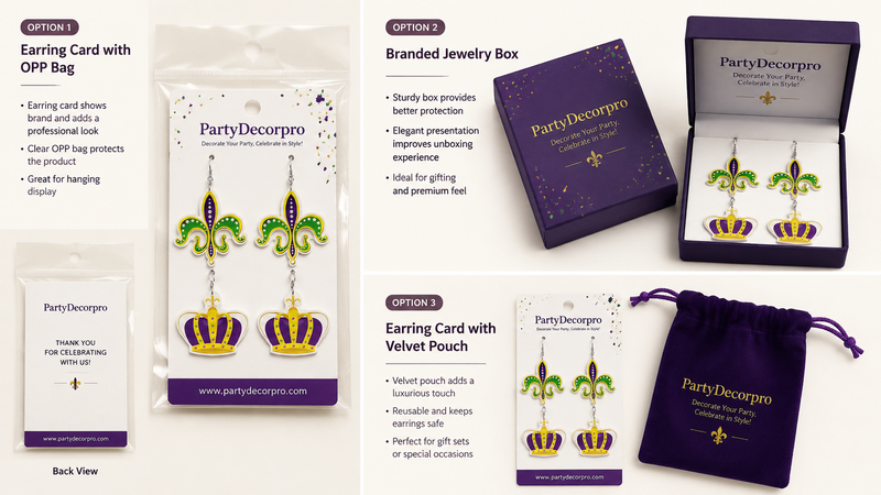 Earring packaging options including card with OPP bag, branded gift box, and velvet pouch for Mardi Gras style earrings wholesale display