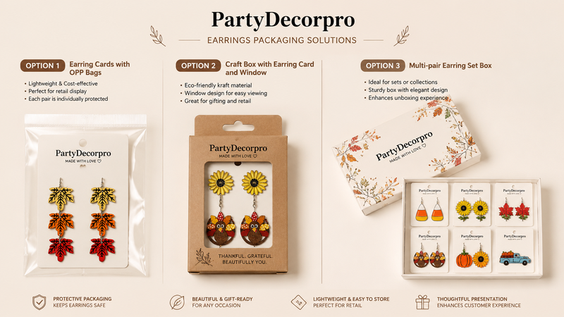 Earring packaging solutions: card bags, kraft window box, multi-pair gift box for retail display and wholesale branding