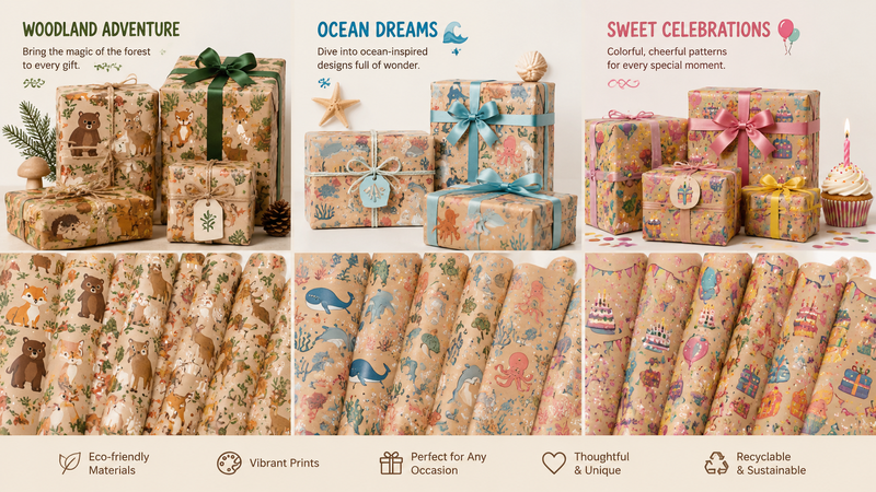 Easter bunny themed decorative gift wrapping paper with floral and egg patterns, multiple design variations and packaging style concepts for festive use