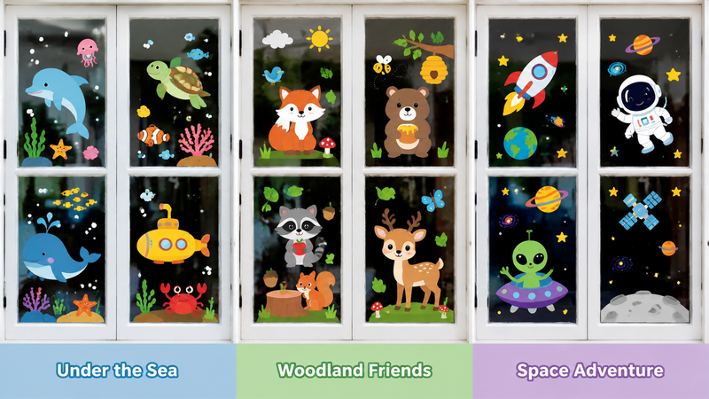 Easter-themed cartoon window clings featuring bunnies, eggs, and flowers on glass panes.