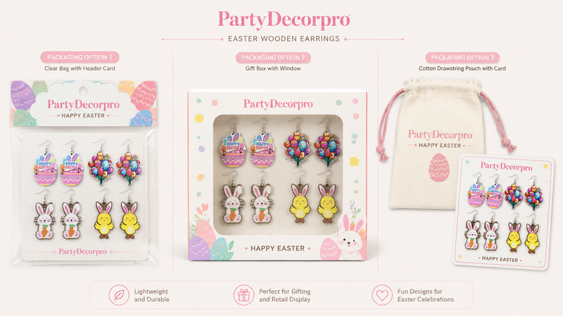 Easter wooden earrings packaging display with hanging card, window box and drawstring pouch options