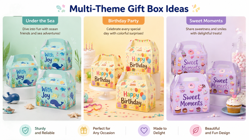 Multi-theme Easter gift box packaging design concepts with colorful seasonal variations