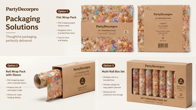 Easter gift wrap packaging options showing box, roll and multi-roll set customization