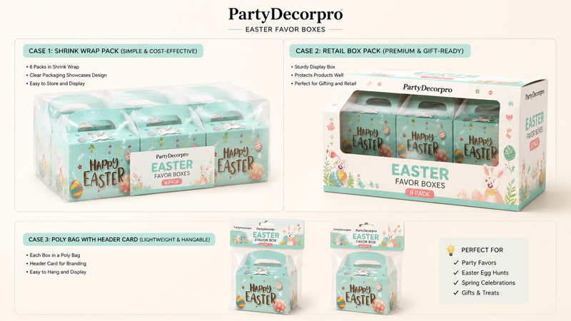Easter gift box packaging concept sheet showing multiple retail packaging options including shrink wrap, display box and hanging pack in pastel design