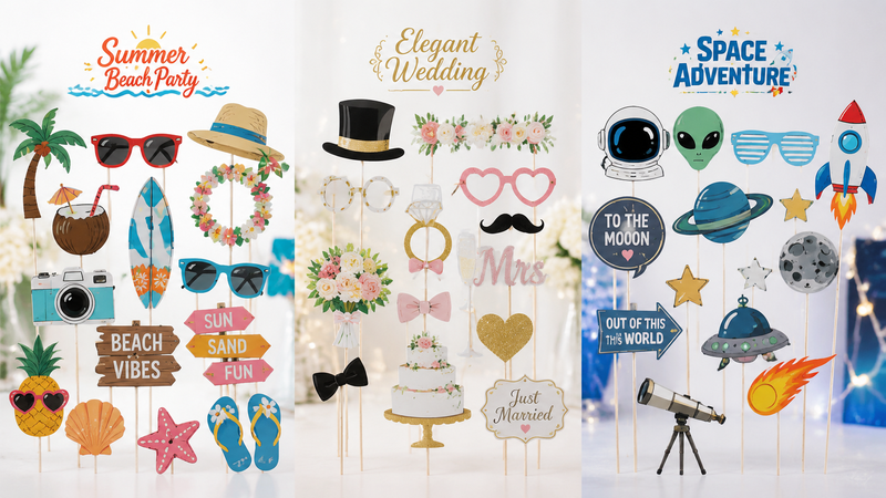 Easter themed photo booth props set with bunny ears, hats, glasses, eggs and festive signs on sticks in colorful designs