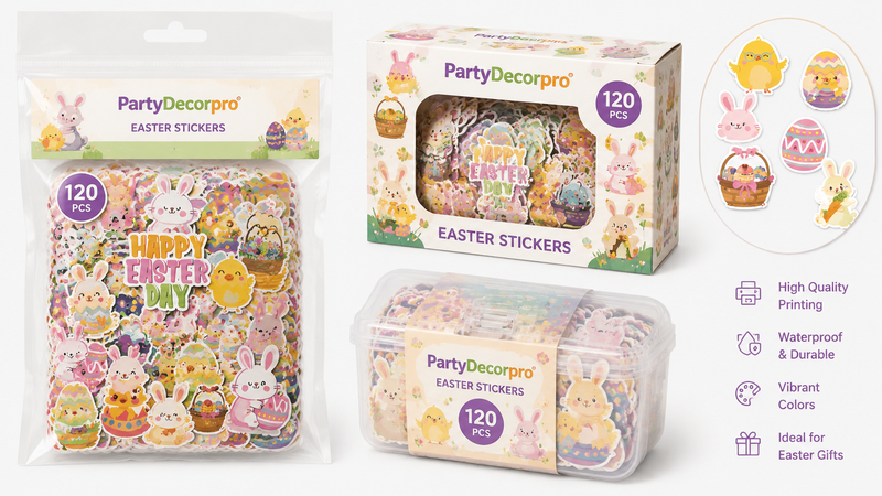 Easter sticker packaging options including pouch, box and storage case designs with vibrant Easter themed stickers and customizable wholesale packaging
