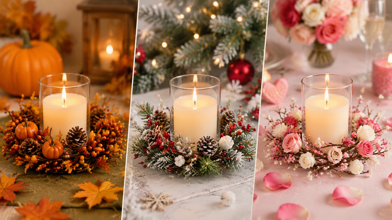 Easter themed LED flameless pillar candles with bunny and floral print design arranged in triptych decorative product display soft lighting
