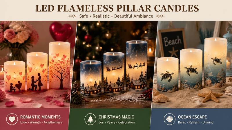 Decorative LED flameless pillar candles with bunny and floral printed designs in soft pastel Easter theme home ambiance product display