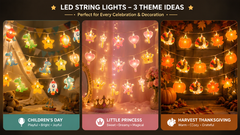 Close-up of rabbit carrot and Easter egg shaped LED garland string lights glowing warmly against dark festive background with soft bokeh lighting