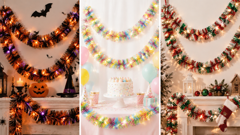 Easter tinsel garland with colorful metallic strands and festive decorations for seasonal party display wholesale