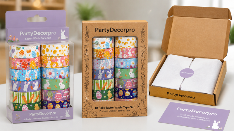 Easter washi tape rolls displayed with multiple retail packaging options including box, window pack and mailer designs