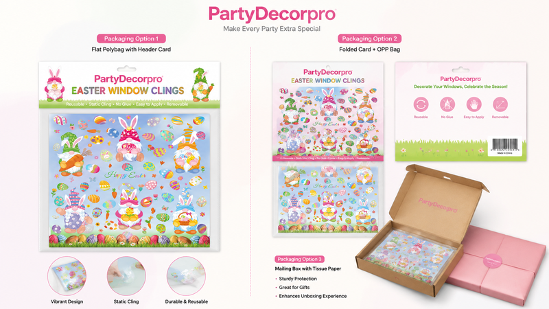 Easter window clings packaging options in polybag, folded card, and mailing box, customizable for branding
