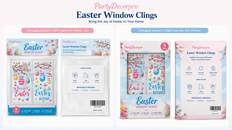 Easter window cling packaging with polybag and rigid box, customizable, reusable, spring-themed designs