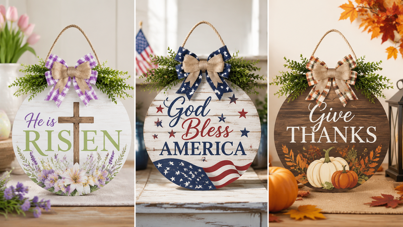 Easter wooden round hanging sign farmhouse style floral bow decorative wall plaque