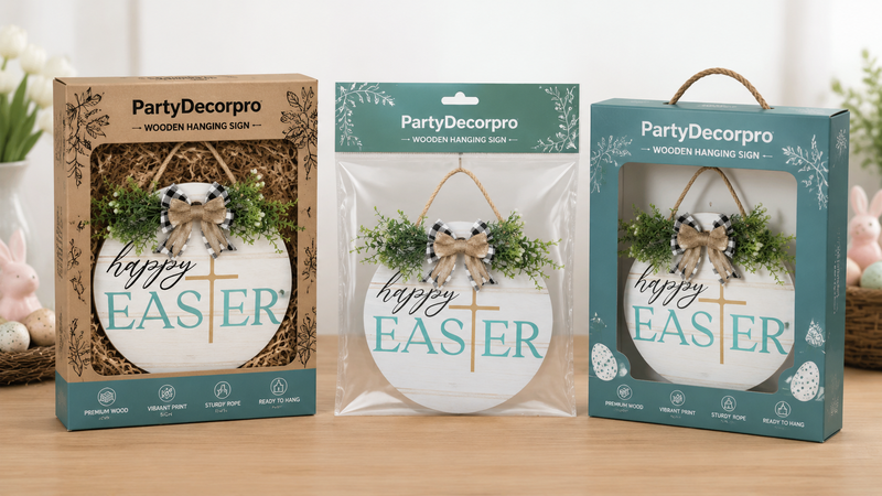 Easter wooden hanging sign packaging options in kraft box, pouch and window box for wholesale display