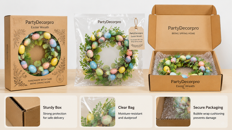 Easter wreath packaging options in box, clear bag and bubble wrap display for safe shipping and wholesale use