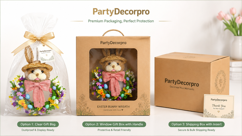 Easter wreath packaging options including gift bag, window box and shipping box design