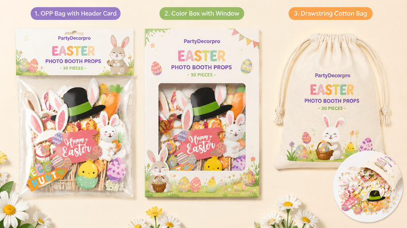 Easter photo booth props packaging with OPP bag window box and drawstring bag wholesale customization options