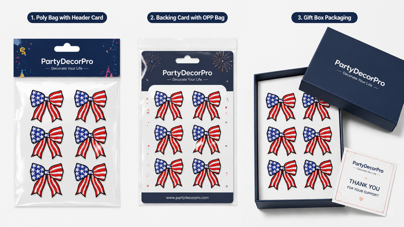 Custom packaging solutions for embroidered bow patches including OPP bag backing card and gift box for B2B wholesale display