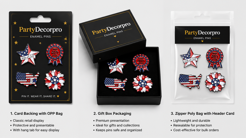 Custom enamel pin badge packaging display featuring card backing, gift box, and resealable zip bag for wholesale branding and product presentation