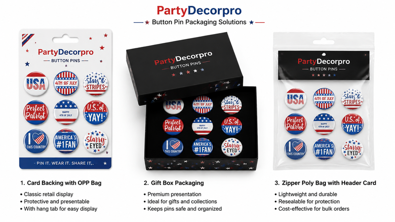 Custom enamel pin badge packaging display featuring card backing, gift box, and resealable zip bag options for wholesale patriotic pin sets