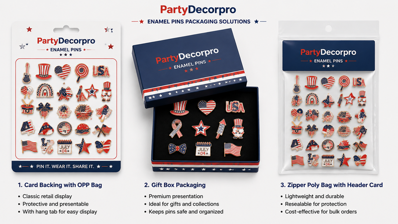 Enamel pin badge packaging display featuring card backing, gift box, and resealable zip bag options for wholesale patriotic pin collections