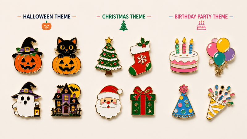 Assorted enamel lapel pins featuring Halloween, Christmas, and Birthday themed designs for wholesale party decoration and collection use