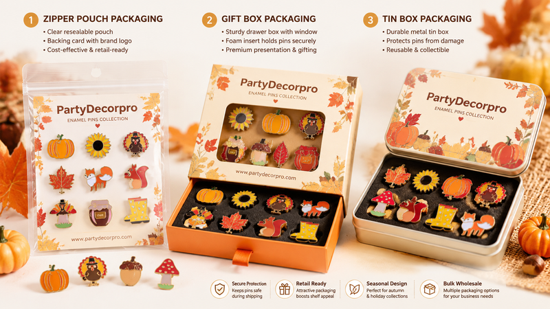 Wholesale enamel pin packaging options including OPP bag, gift box and tin box with customizable branding