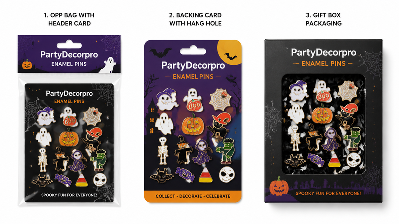 Custom enamel pin packaging options including OPP bag backing card and gift box for wholesale B2B branding use