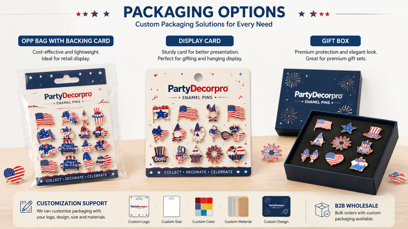 Custom enamel pin packaging options including OPP bag backing card and gift box displayed in clean product infographic layout for wholesale use