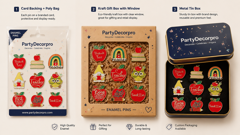 Three packaging options for enamel pins including poly bag card, kraft window box, and metal tin box, presented in a clean wholesale product layout for branding and retail display.
