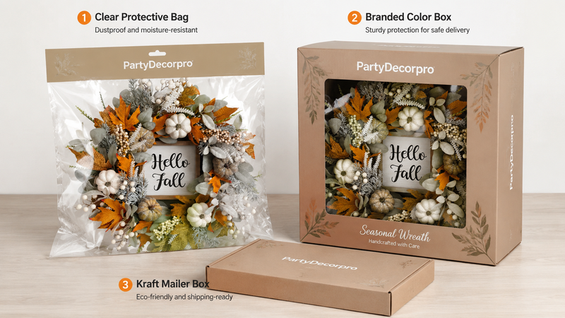 Fall wreath packaging options including clear protective bag, branded color box and kraft mailer box for shipping and retail display
