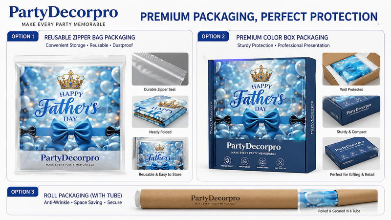 Custom Packaging Solutions for Father's Day Party Backdrops Including Zipper Bags Color Boxes and Tube Roll Packaging for Wholesale Supply