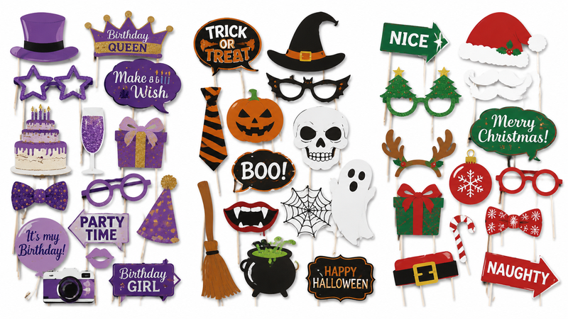 Father’s Day glitter party photo booth props set with hats glasses beards trophy and signs on sticks wholesale