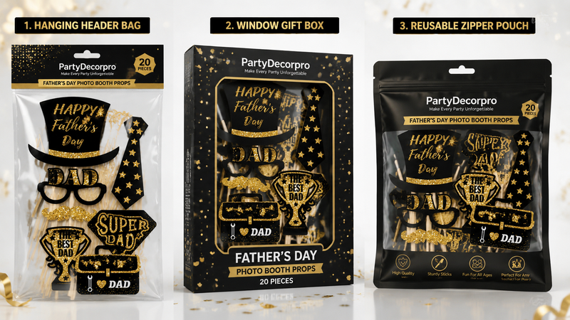 Father’s Day photo booth props packaging set hanging bag display box zipper pouch wholesale black gold design