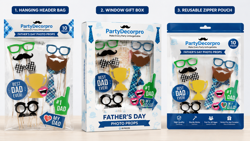 Father’s Day photo props packaging options including header bag, gift box and zipper pouch display