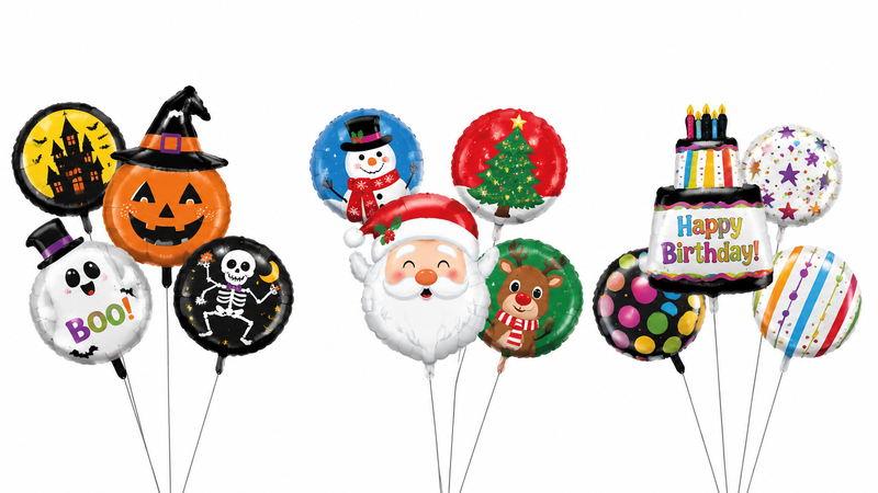 Festival themed foil balloon collection featuring Halloween skull Christmas and birthday designs on clean white background