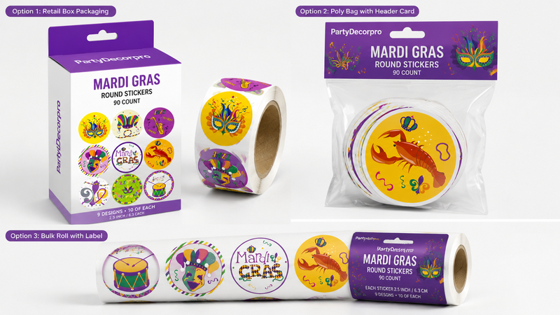 Packaging options for festival sticker products including box, bag, and roll formats with customization choices