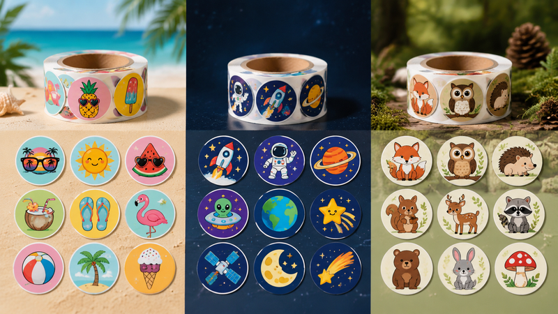 Mardi Gras themed circular sticker rolls in multiple designs, B2B wholesale product collection