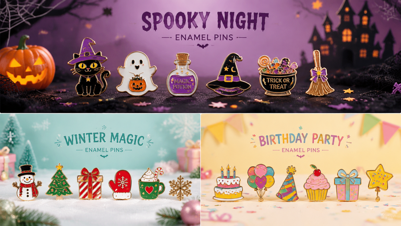 Assorted enamel pin badges featuring multiple festive designs including teacher, apple and themed icons, arranged for wholesale display and custom branding solutions.