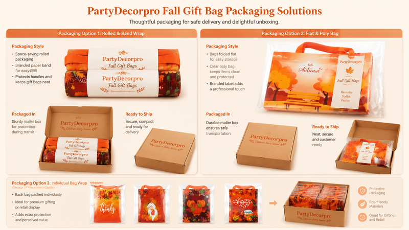 Festive gift bag packaging mockup showing multiple shipping and wrapping solutions with customizable branding options