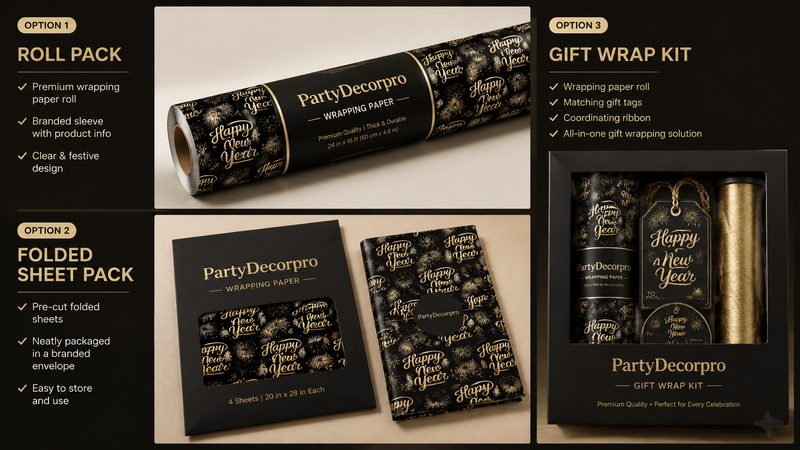 Black gold fireworks gift wrapping paper roll packaging mockup with festive pattern