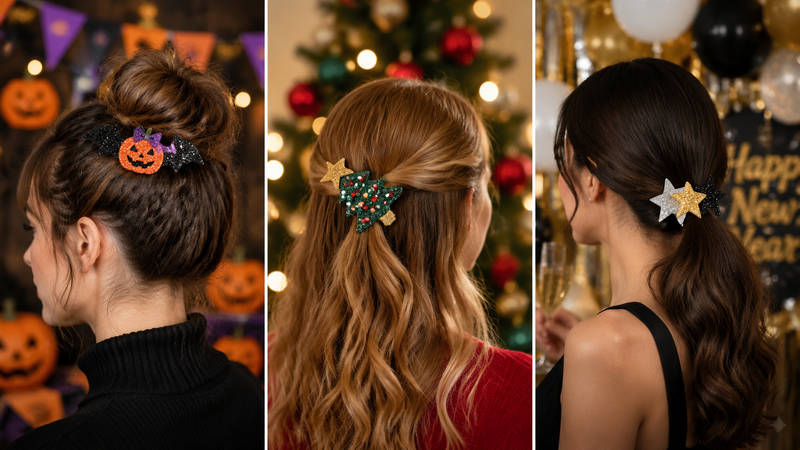 Custom glitter hair clips with festive party themes including Halloween, Christmas and New Year designs