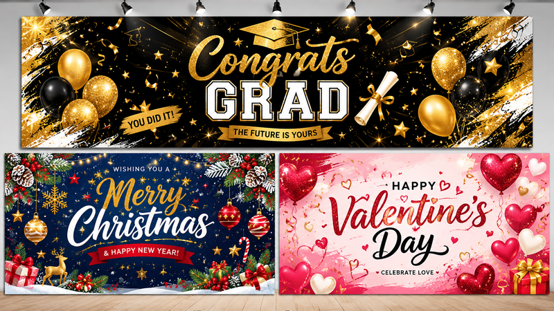 Customizable festive and graduation banners in vibrant colors and durable material