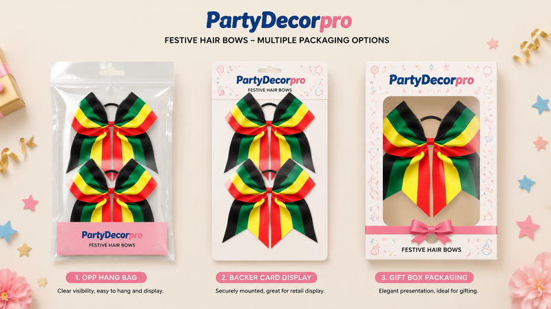 Custom packaging solutions for festive hair bows with clear bags card displays and gift boxes