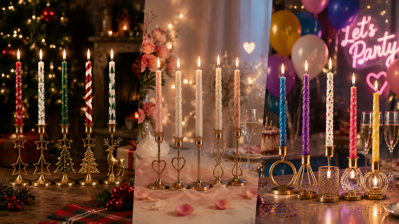 Triptych LED candle holder display with Christmas, elegant dinner, and Halloween themed table settings