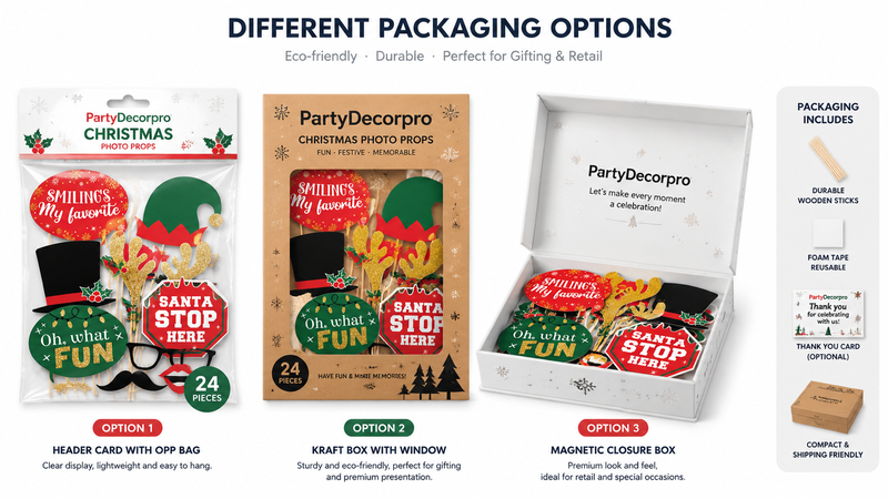 Three packaging options for festive photo props including OPP bag, kraft window box and magnetic gift box in a clean 16:9 catalog layout