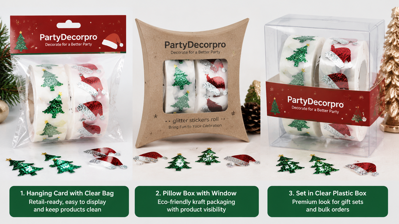 Festive Sticker Rolls Packaging Options Display Hanging Bag Kraft Box Clear Box Retail Ready Custom OEM Solutions